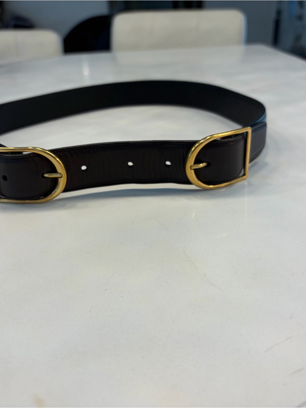 Saint Laurent Black Leather Double Buckle Belt with Gold Hardware. Size: 80